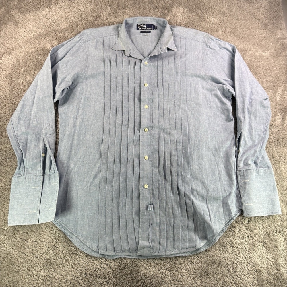Polo Ralph Lauren Mens 15.5 32 Blue Tuxedo Shirt Pleated Front French Cuff